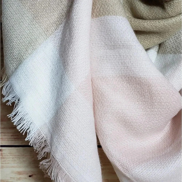 Beige White and Pink Plaid Blanket Scarf - Picture 2 of 5